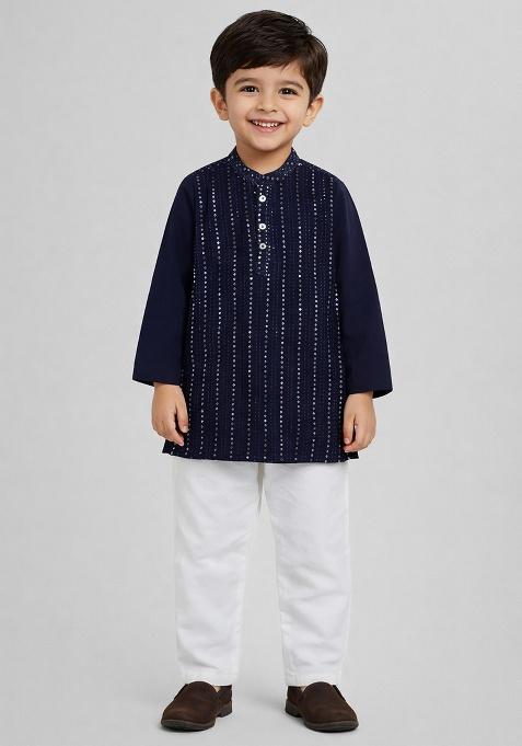 Navy Blue Embellished Georgette Boys Kurta Set