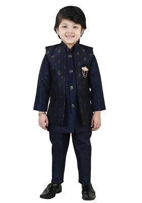 Blue Jacquard Silk Sherwani Set For Boys
