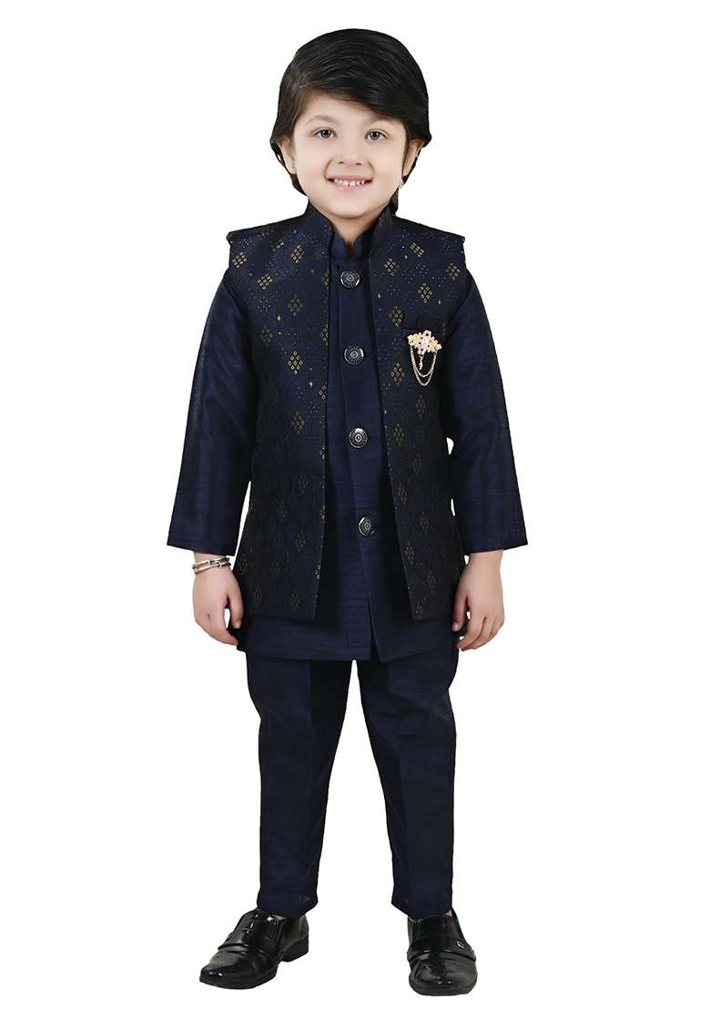 Blue Jacquard Silk Sherwani Set For Boys - Indya