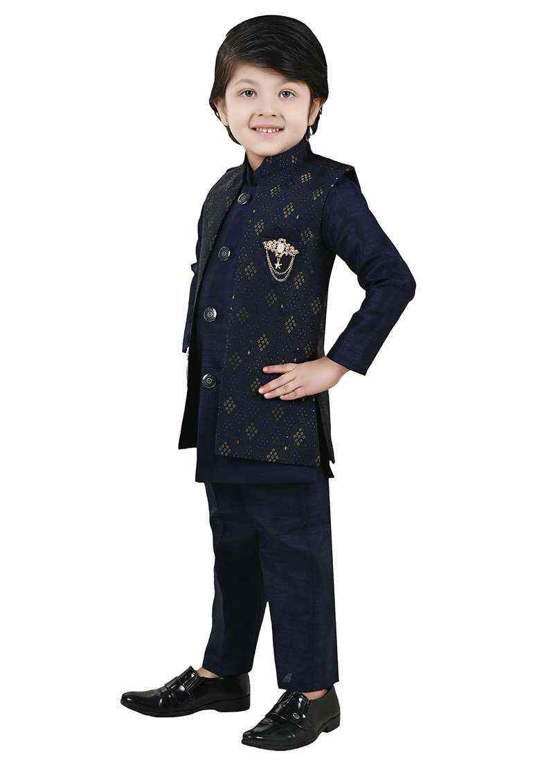 Blue Jacquard Silk Sherwani Set For Boys - Indya