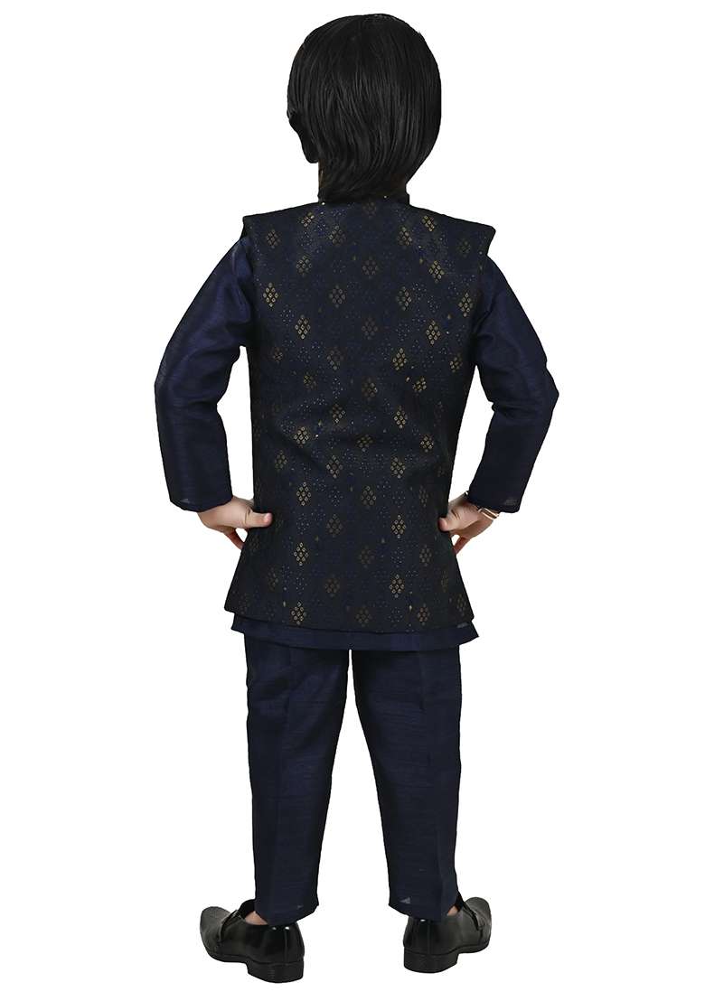 Blue Jacquard Silk Sherwani Set For Boys - Indya