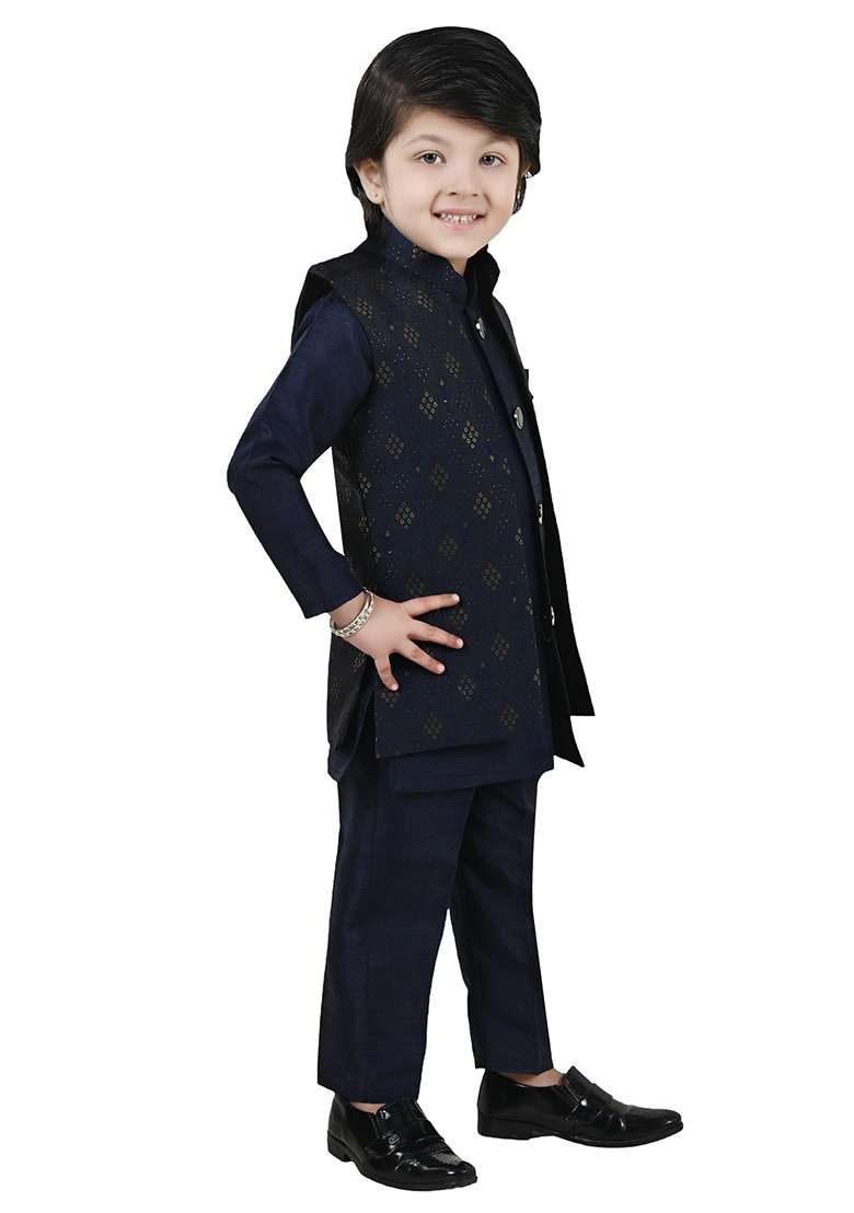 Blue Jacquard Silk Sherwani Set For Boys - Indya
