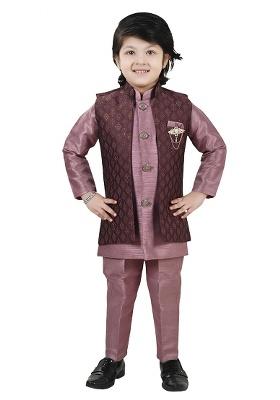 Peach Jacquard Silk Sherwani Set For Boys