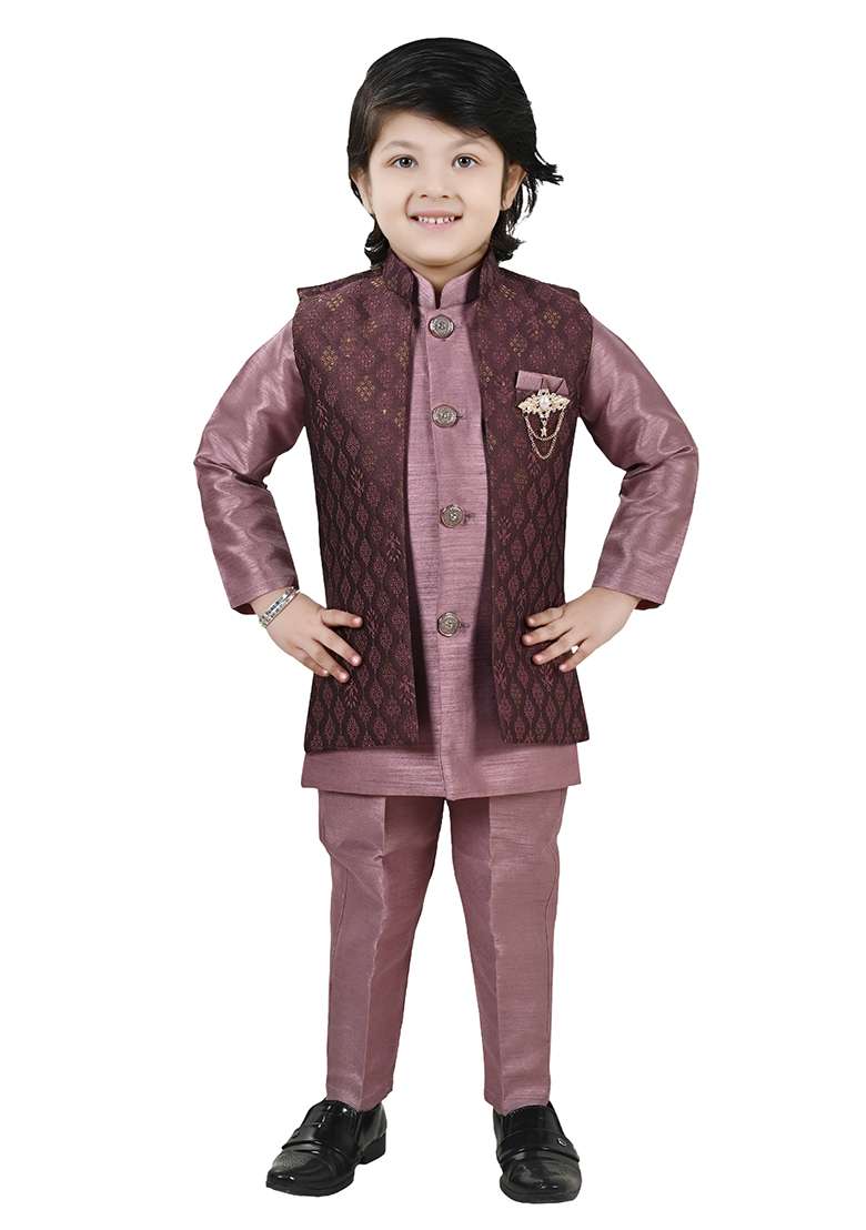 Peach Jacquard Silk Sherwani Set For Boys - Indya