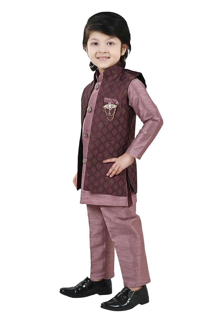 Peach Jacquard Silk Sherwani Set For Boys - Indya