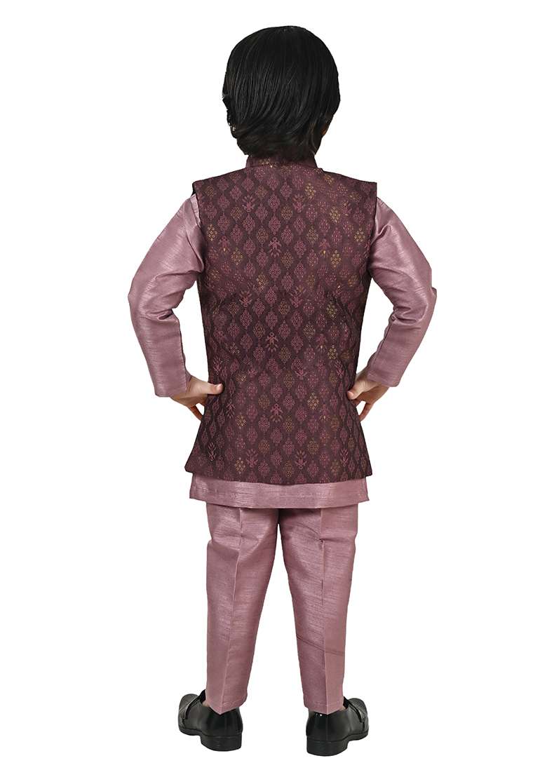 Peach Jacquard Silk Sherwani Set For Boys - Indya
