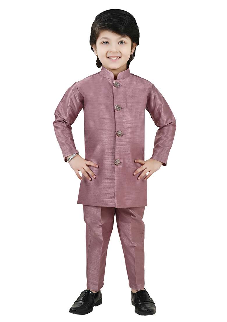 Peach Jacquard Silk Sherwani Set For Boys - Indya