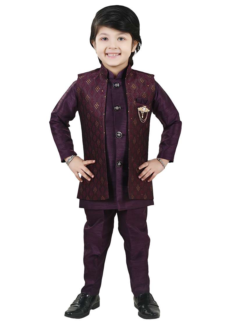 Mauve Jacquard Silk Sherwani Set For Boys - Indya