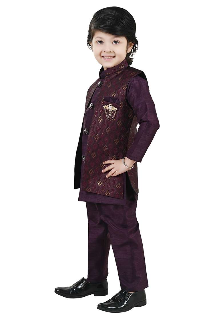 Mauve Jacquard Silk Sherwani Set For Boys - Indya