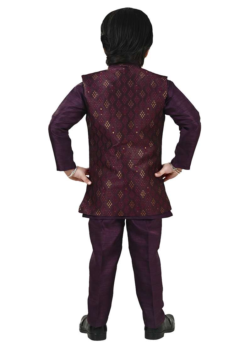 Mauve Jacquard Silk Sherwani Set For Boys - Indya