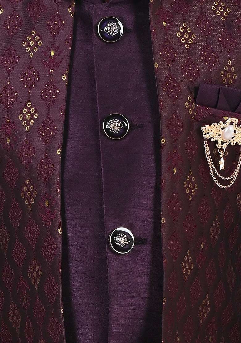 Mauve Jacquard Silk Sherwani Set For Boys - Indya