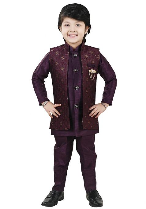 Mauve Jacquard Silk Sherwani Set For Boys