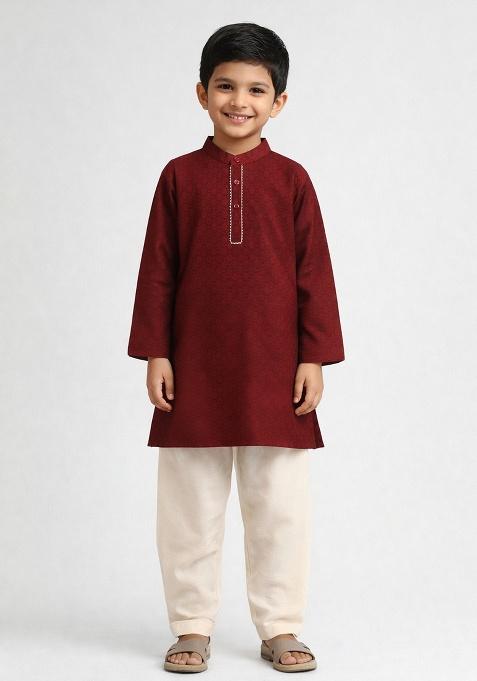 Maroon Jacquard Jacquard Boys Kurta Set