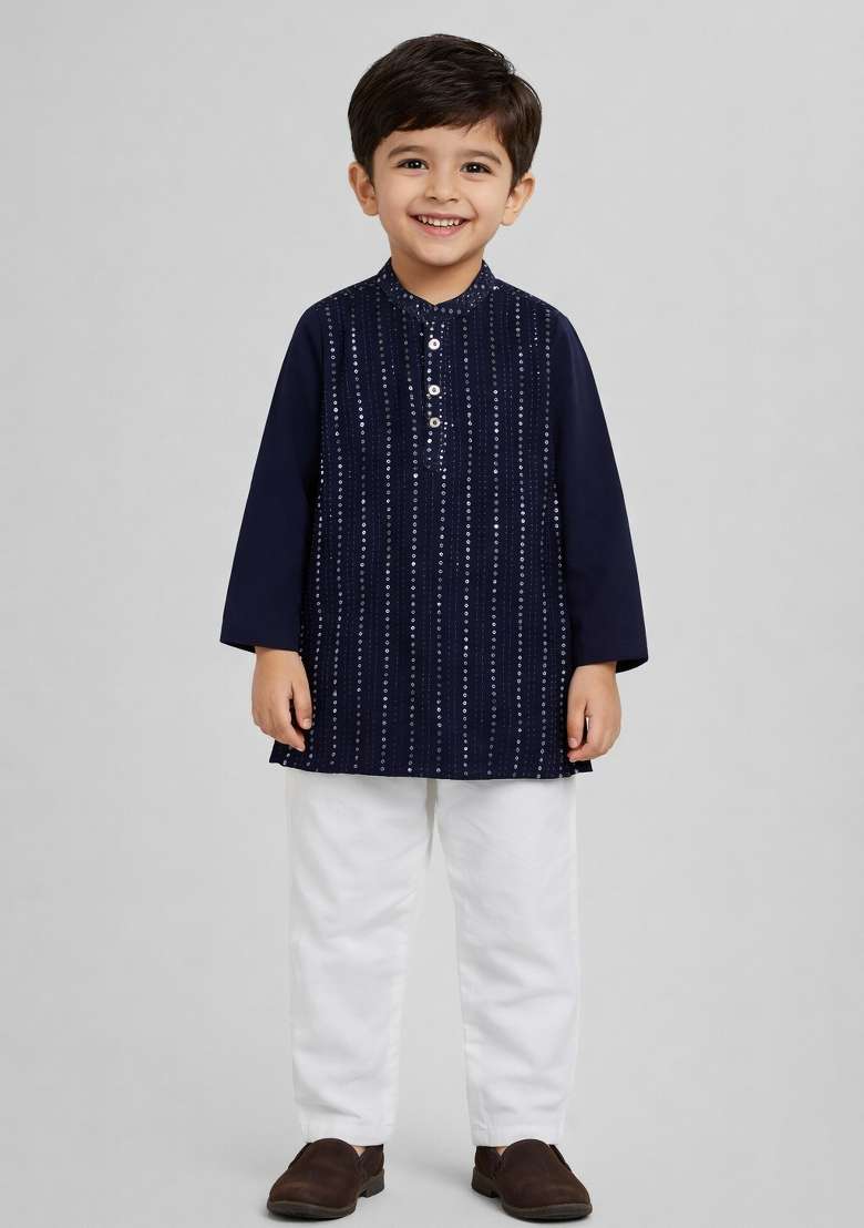 Navy Blue Embellished Georgette Boys Kurta Set - Indya
