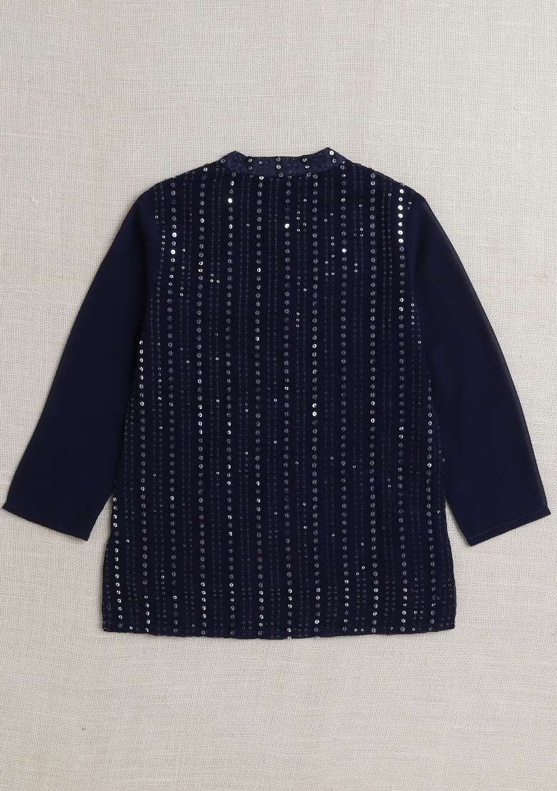 Navy Blue Embellished Georgette Boys Kurta Set - Indya