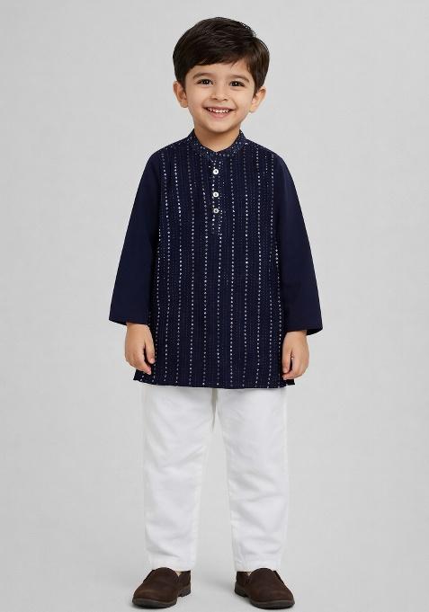 Navy Blue Embellished Georgette Boys Kurta Set