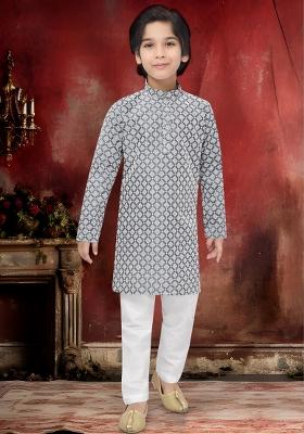 Grey Embroidery Cotton Kurta Pajama For Boys