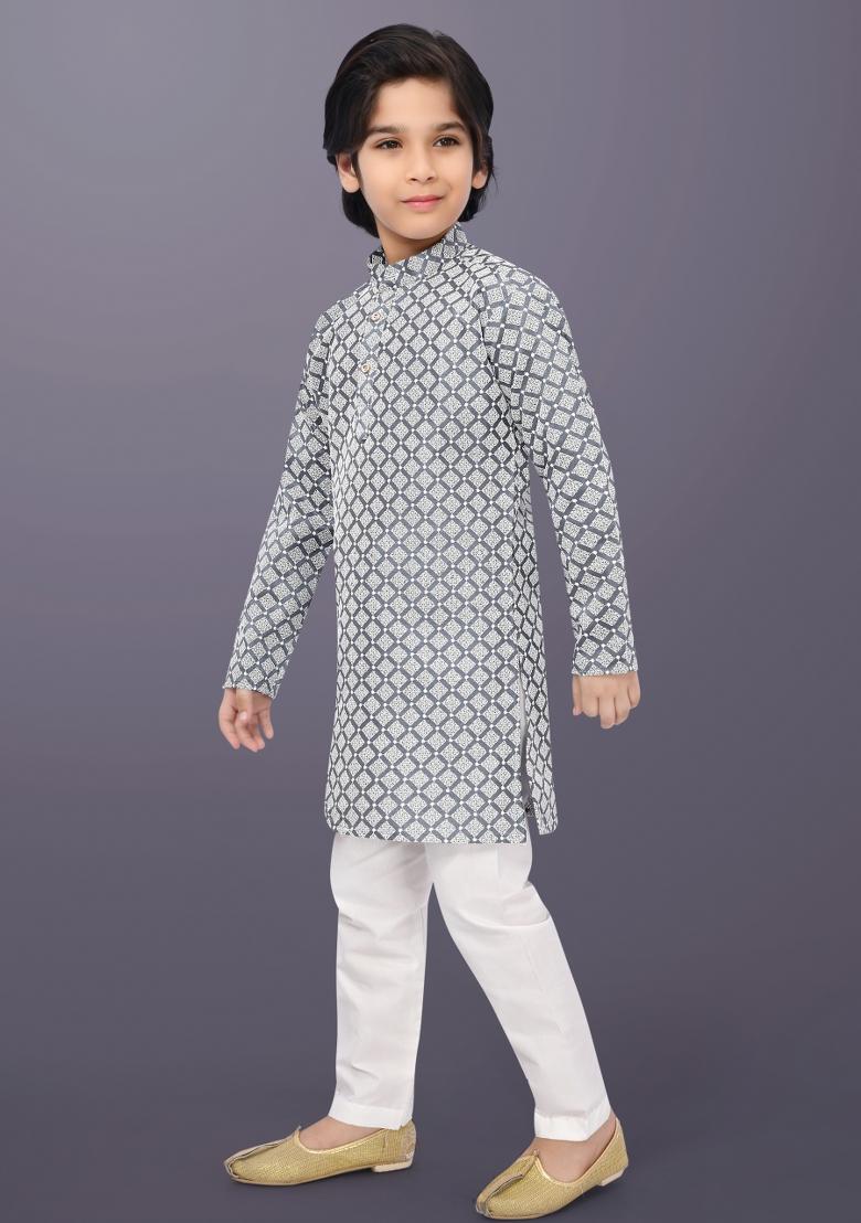 Grey Embroidery Cotton Kurta Pajama For Boys - Indya