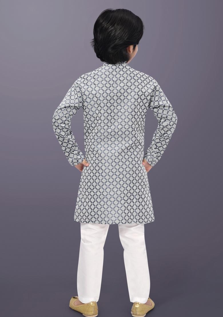 Grey Embroidery Cotton Kurta Pajama For Boys - Indya
