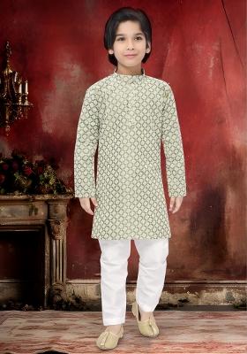 Olive Embroidery Cotton Kurta Pajama For Boys