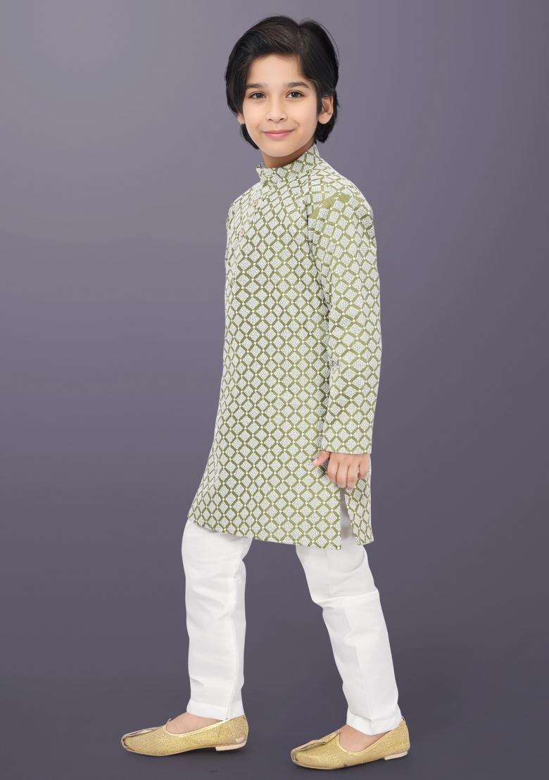 Olive Embroidery Cotton Kurta Pajama For Boys - Indya