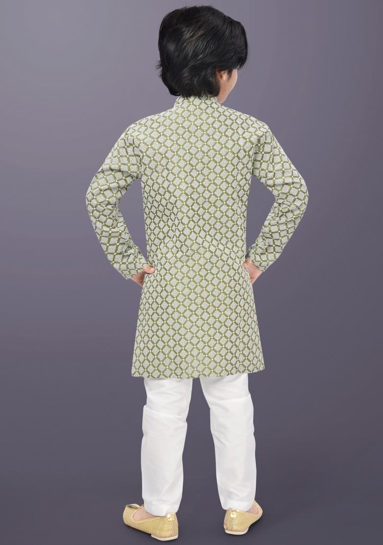 Olive Embroidery Cotton Kurta Pajama For Boys - Indya