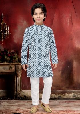 Blue Embroidery Cotton Kurta Pajama For Boys