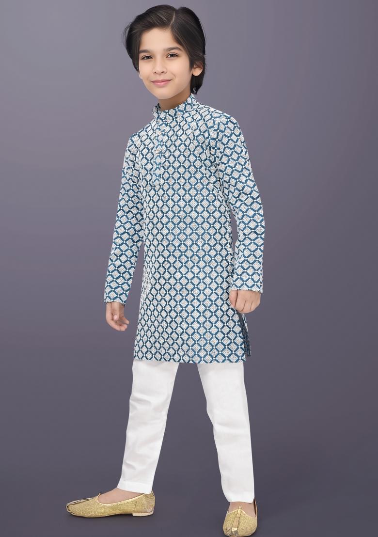 Blue Embroidery Cotton Kurta Pajama For Boys - Indya