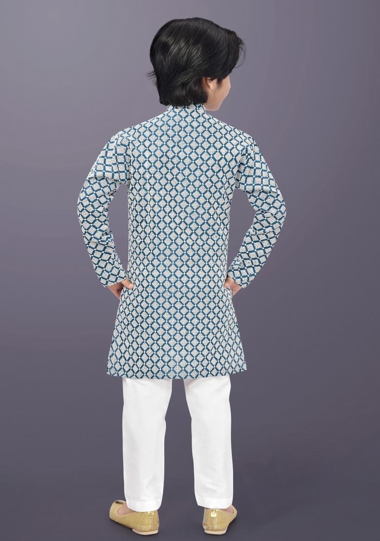 Blue Embroidery Cotton Kurta Pajama For Boys - Indya