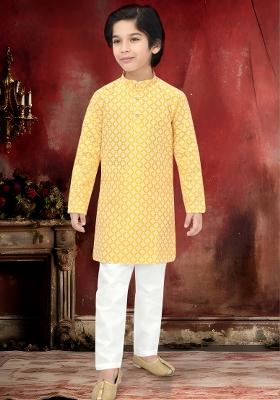 Yellow Embroidery Cotton Kurta Pajama For Boys