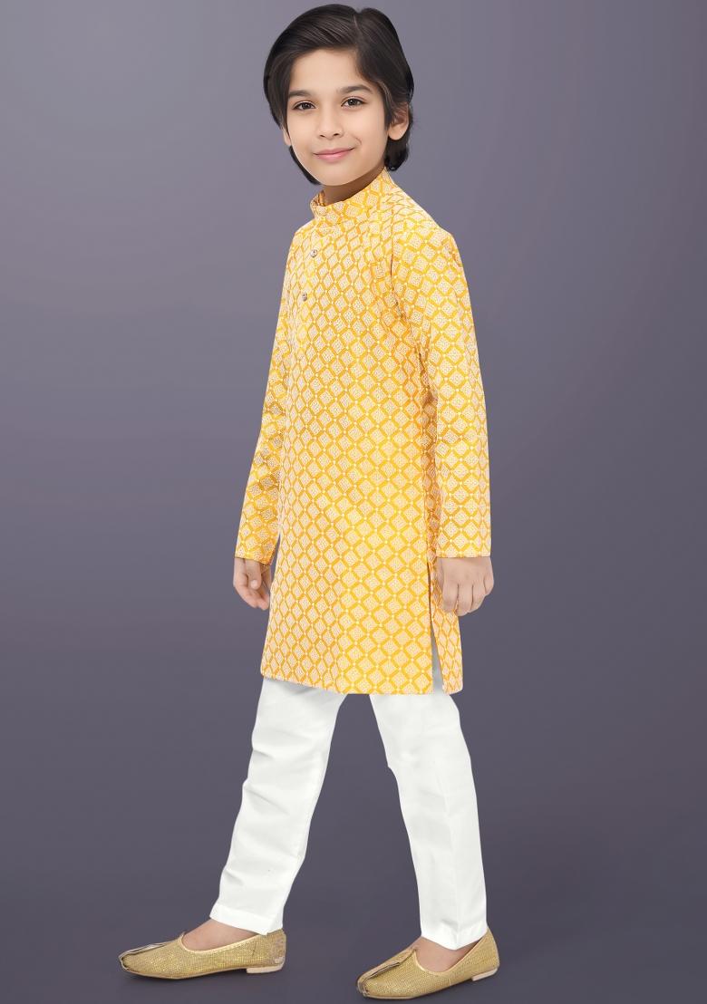 Yellow Embroidery Cotton Kurta Pajama For Boys - Indya