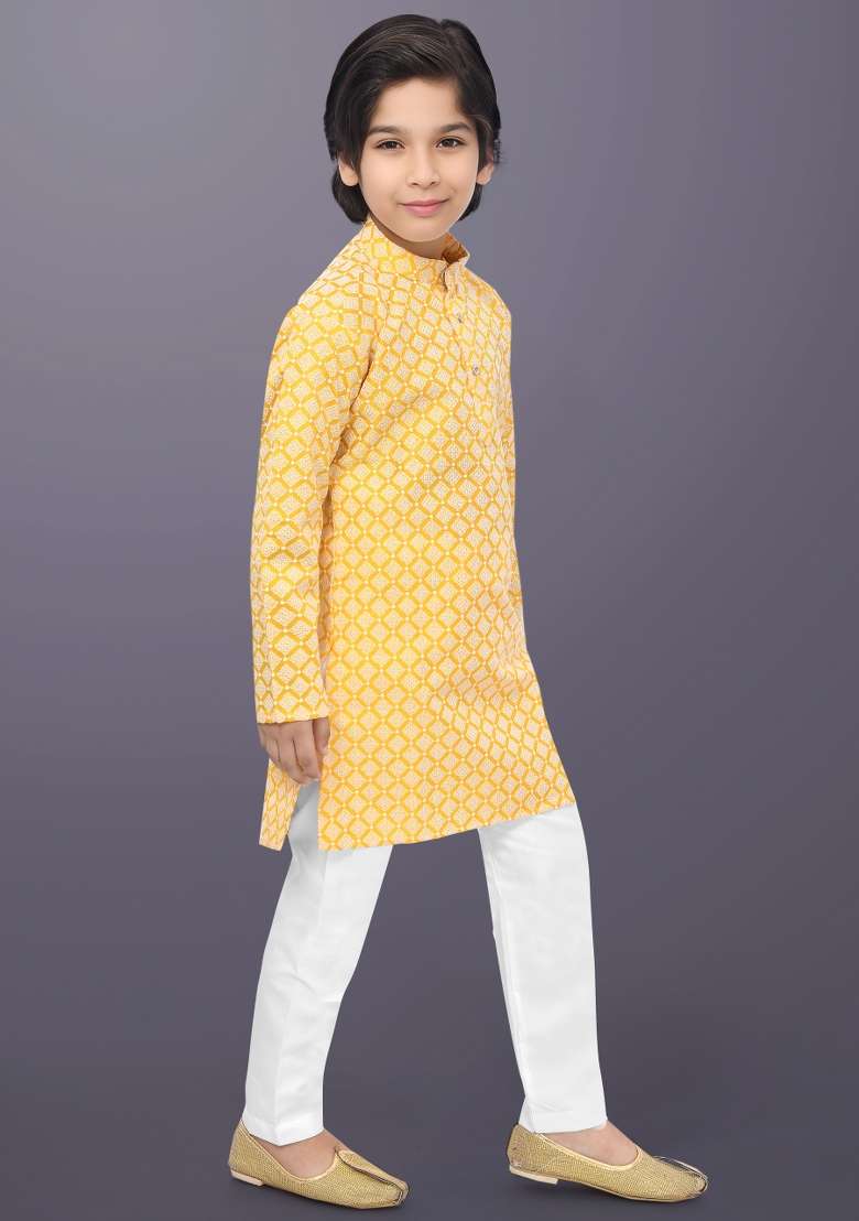 Yellow Embroidery Cotton Kurta Pajama For Boys - Indya