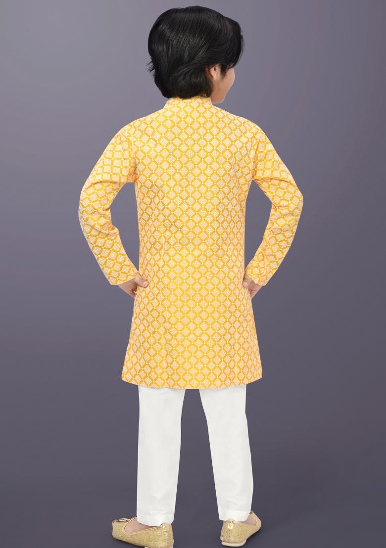 Yellow Embroidery Cotton Kurta Pajama For Boys - Indya