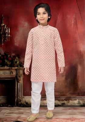 Peach Embroidery Cotton Kurta Pajama For Boys