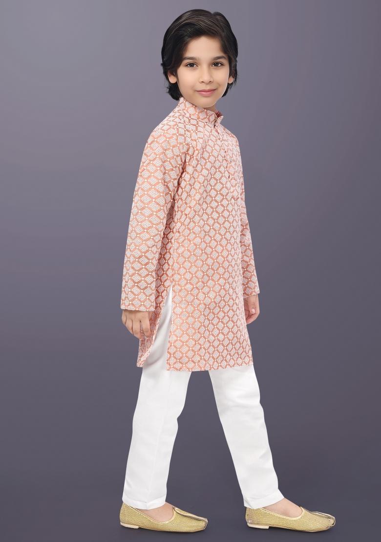 Peach Embroidery Cotton Kurta Pajama For Boys - Indya