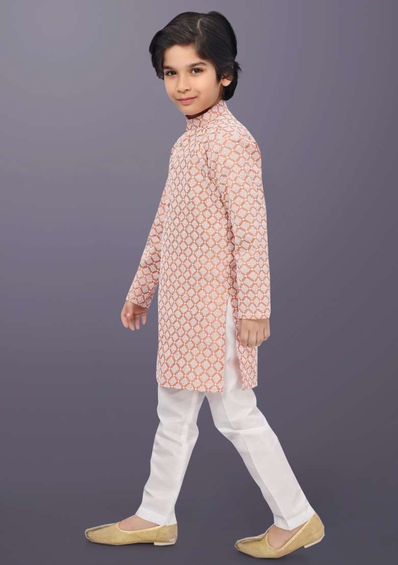 Peach Embroidery Cotton Kurta Pajama For Boys - Indya