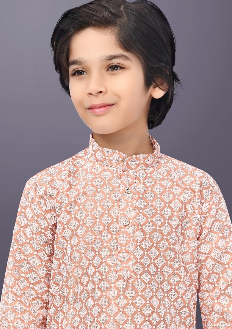 Peach Embroidery Cotton Kurta Pajama For Boys - Indya