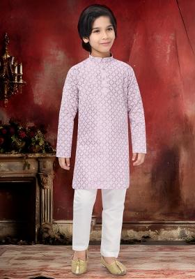 Pink Embroidery Cotton Kurta Pajama For Boys