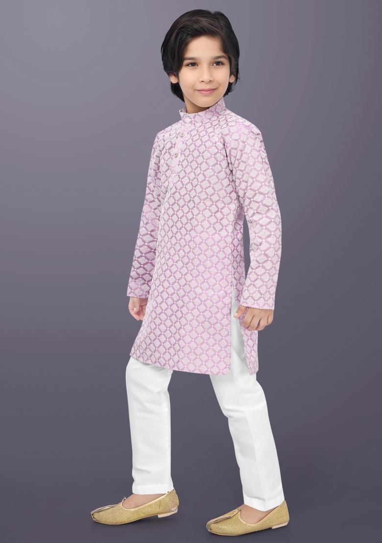 Pink Embroidery Cotton Kurta Pajama For Boys - Indya