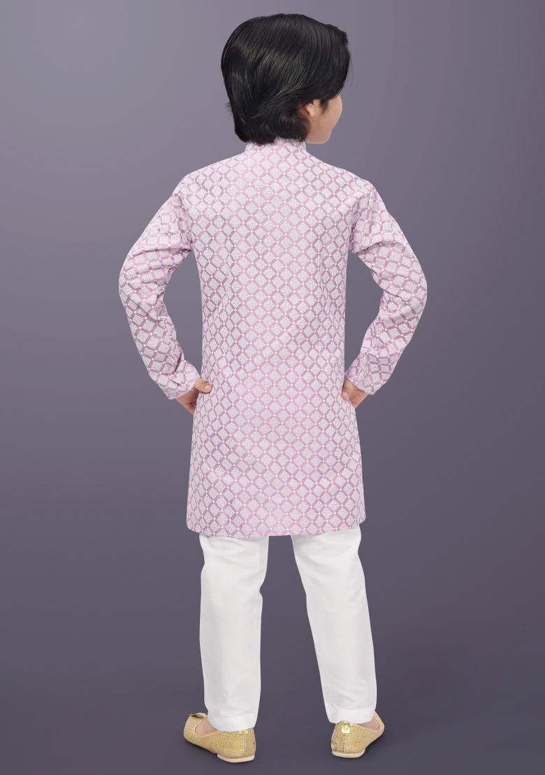 Pink Embroidery Cotton Kurta Pajama For Boys - Indya