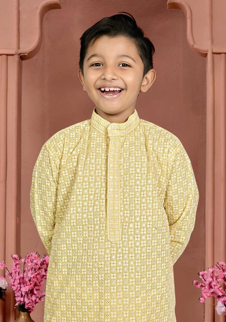 Yellow Chikankari Work Cotton Kurta Pajama For Boys - Indya