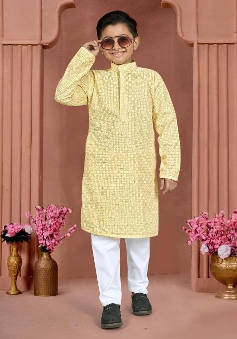 Yellow Chikankari Work Cotton Kurta Pajama For Boys