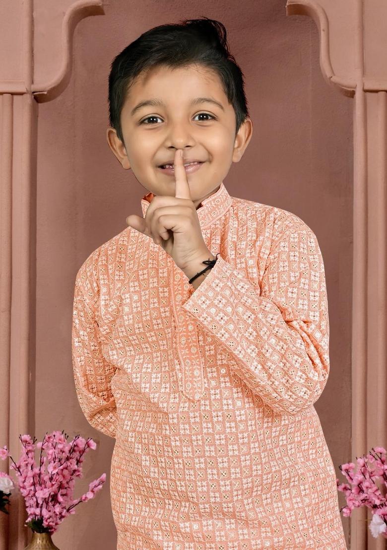 Peach Chikankari Work Cotton Kurta Pajama For Boys - Indya