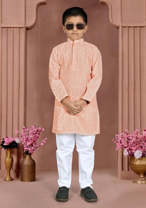 Peach Chikankari Work Cotton Kurta Pajama For Boys