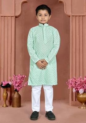 Light Blue Chikankari Work Cotton Kurta Pajama For Boys
