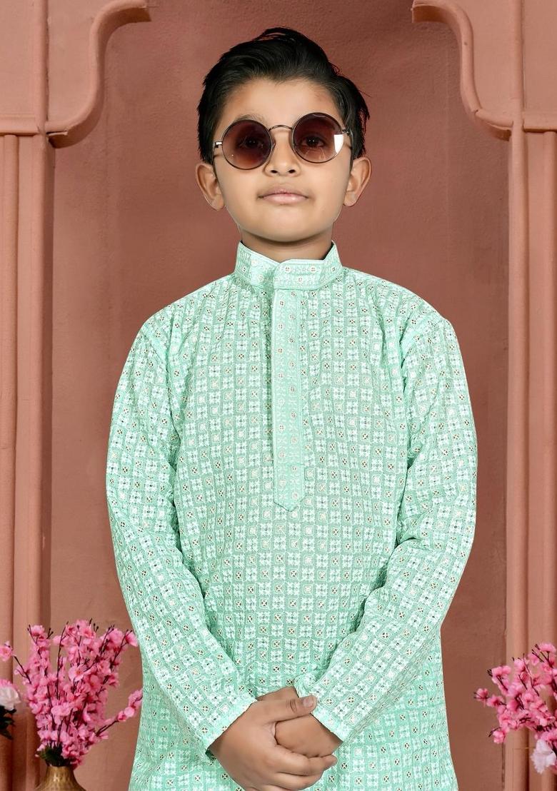 Light Blue Chikankari Work Cotton Kurta Pajama For Boys - Indya