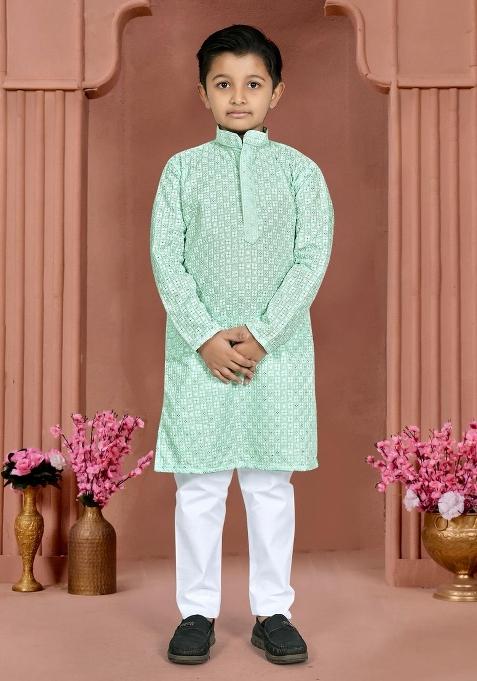 Light Blue Chikankari Work Cotton Kurta Pajama For Boys