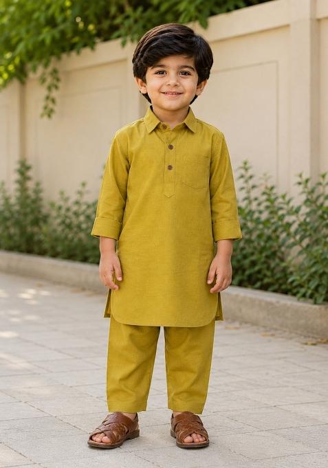 Dark Khaki Solid Cotton Kurta Pyjama For Boys