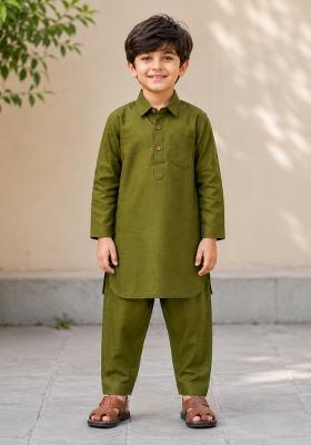Olive Green Solid Cotton Kurta Pyjama For Boys