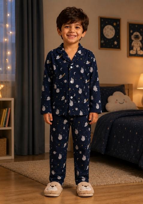 Navy Blue Printed Cotton Night Suit For Boys